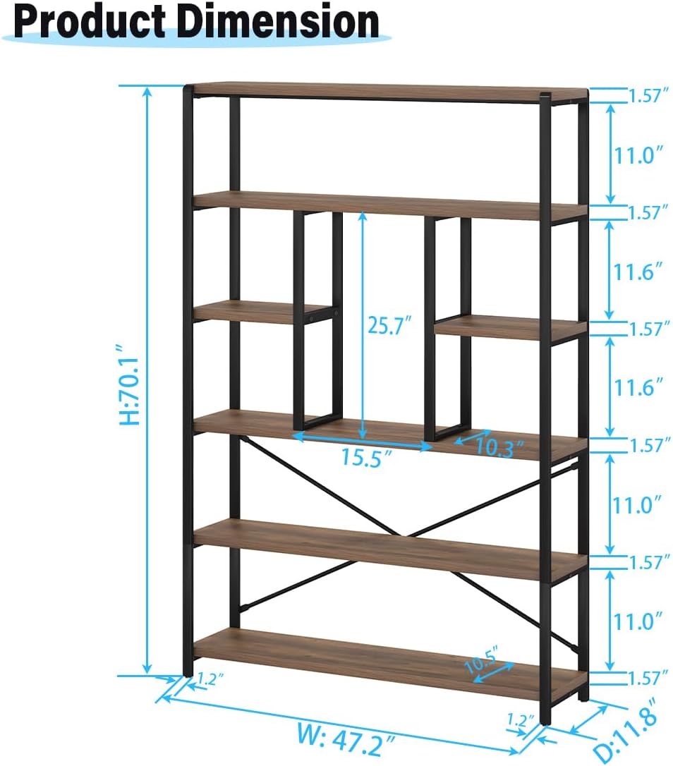 LVB Tall Industrial Etagere Bookcase, Modern Wood Large Open 6 Tier Bookshelf, Vintage Wide Metal Book Shelf Organizer, Farmhouse Book Shelves for Bedroom Living Room Home Office Storage, Rustic Oak