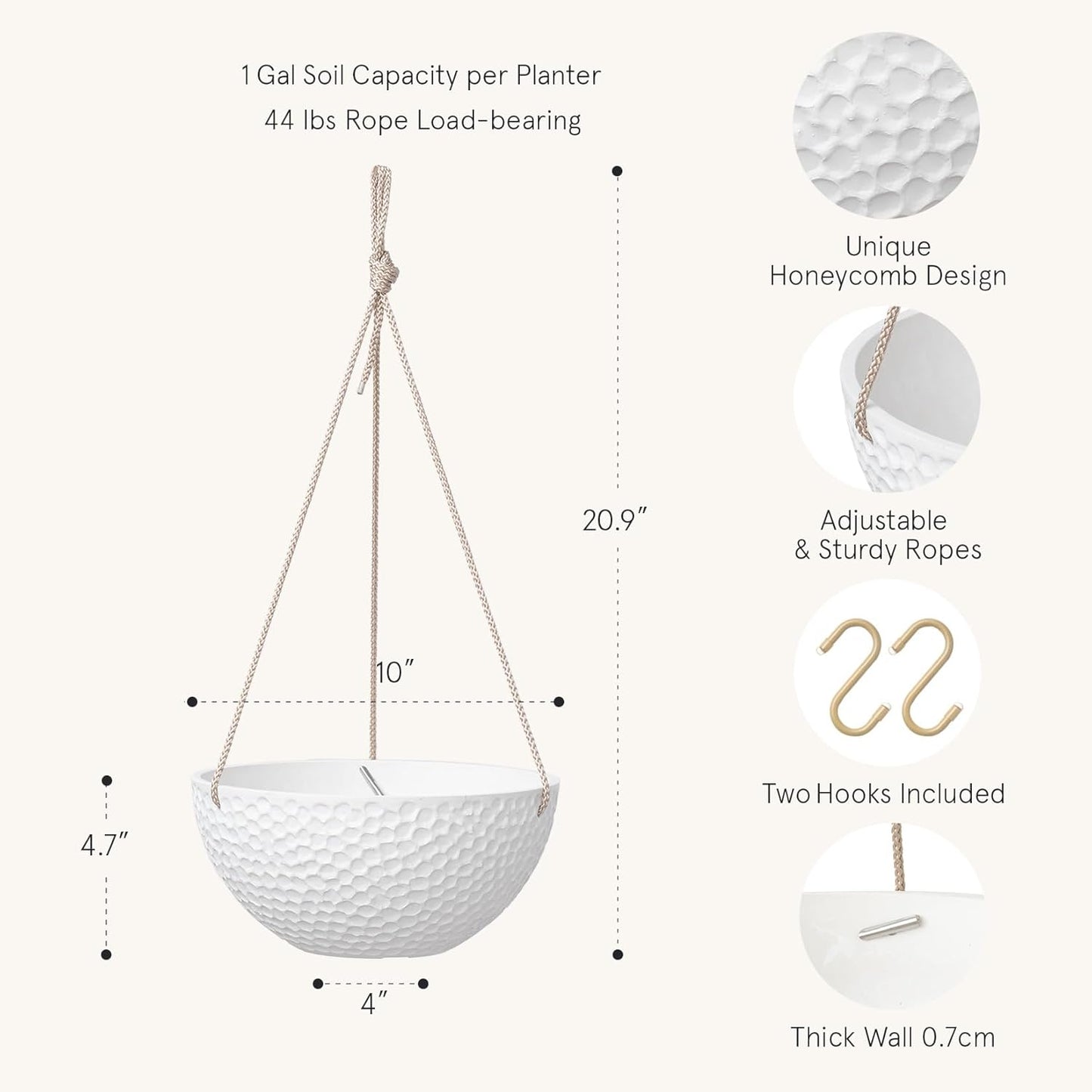 LA JOLIE MUSE 10 Inch Hanging Planters for Indoor Plants, Outdoor Garden Planter Pots, White, Honeycomb, Set of 2