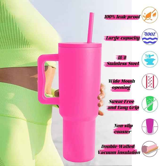 40 oz Tumbler with Handle and Straw & 6PCS Cup Accessories for 40 oz Cup - Vacuum Insulated Stainless Steel Double Wall Water Bottle Travel Coffee Mug - Holiday Gifts for Women Men (Raspberry Vibes)
