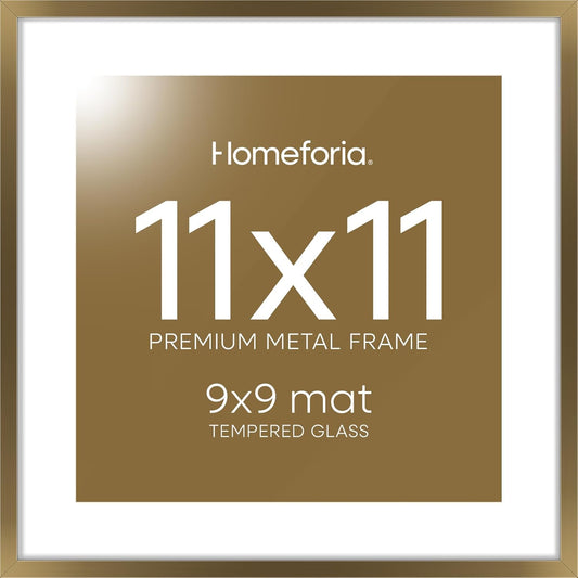 Homeforia 11x11 Picture Frame Brass, High End Metal 11 by 11 Square Bronze Frames with Mat 9 x 9 Photo, 11by11 Poster Frame Matted to 9x9 Print, Wall Hanging Frames, Tempered Glass, Wall Kit, Set of 1