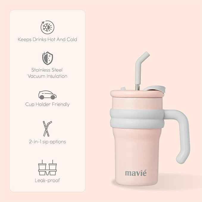 17oz Tumbler With Handle & Metal Straw + Silicone Cover & Sip Spout, Double Insulated Stainless Steel Water Bottle With Rubber Base, Leakproof Cup Holder Friendly Travel Coffee Mug (Light Pink)