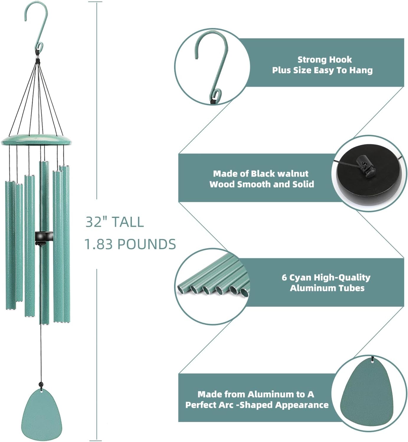 Wind-Chimes-Outdoor-Deep-Tone, Large Soothing Melodic Tones Windchimes, Wind Chimes for Outside, Memorial Wind Chime Best Gift for Mom Women Grandma Neighbors(32" Cyan Coated Aluminum)