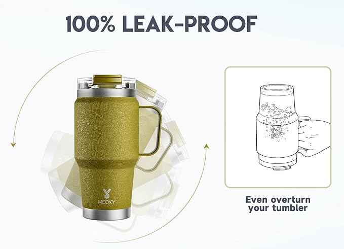 Meoky 24oz Travel Mug, Triple Insulated Stainless Steel Tumbler with Handle and 2-in-1 Straw and Sip Lid, 100% Leak Proof, Keeps Cold for 24 Hours or Hot for 8 Hours, Cupholder Friendly (Forest)