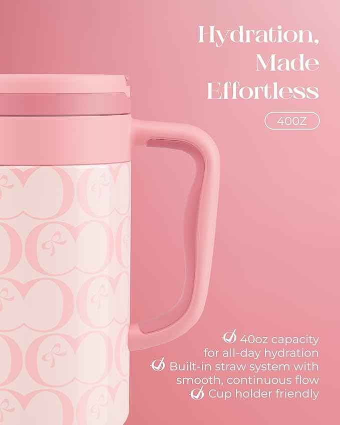 40 oz Insulated Tumbler with Handle and Push-Button Straw Lid, Stainless Steel Travel Cup for Gym Office, Leakproof, BPA-Free, Cup Holder Friendly, Bow Silicone Boot, Pink (C’ Blush)