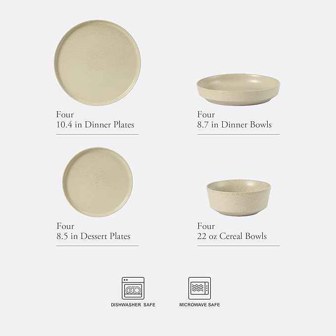 Gibson Elite Overbrook 16-Piece Pottery Clay Stoneware Dinnerware Set – White Reactive Glaze, Stackable Plates and Bowls w/Pasta Bowl, Service for 4 – Microwave & Dishwasher Safe