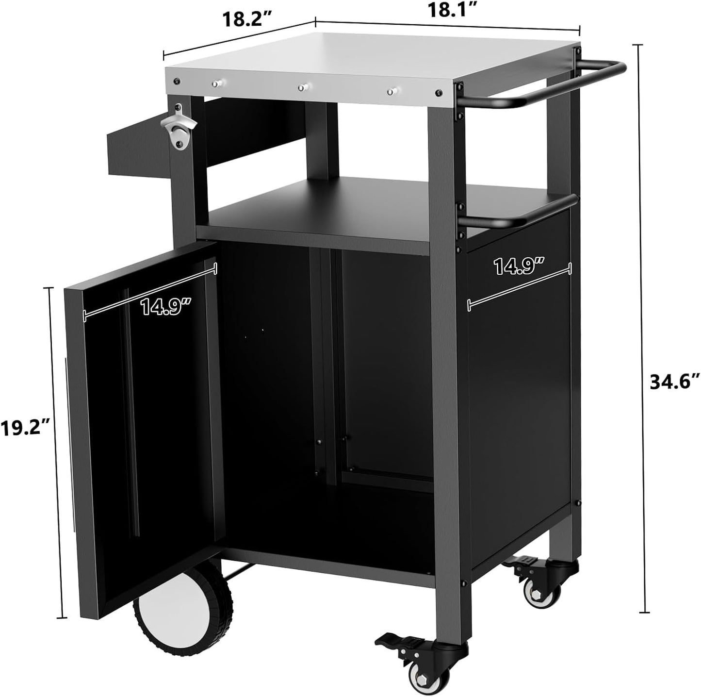 KEIKI Outdoor Grill Cart with Storage and Wheels, Rolling BBQ Prep Table with Spice Rack, Hooks, and Side Handles, Black Metal Bar Cart for Patio Kitchen and Grilling Accessories
