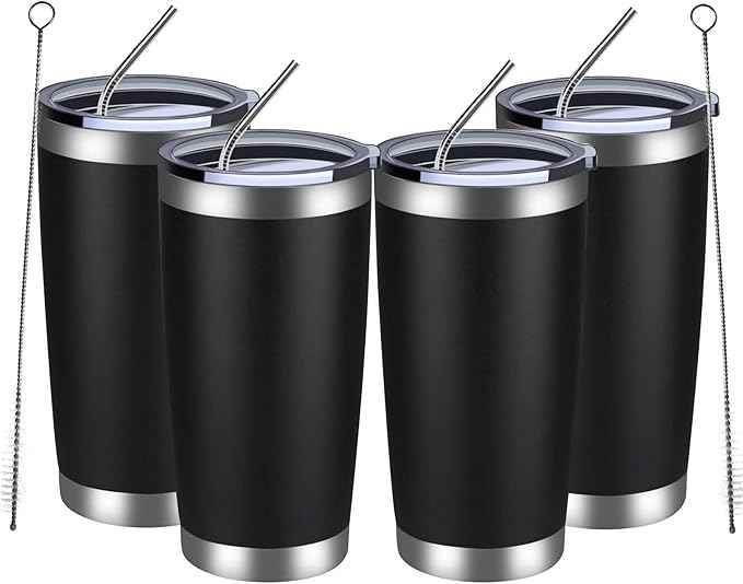 MEWAY 20oz Tumbler 4 Pack Double Wall Vacuum Insulated Travel Mug Bulk, Stainless Steel Tumblers with Lid and Straw, Durable Powder Coated Coffee Cups for Cold & Hot Drinks (Black, 4)