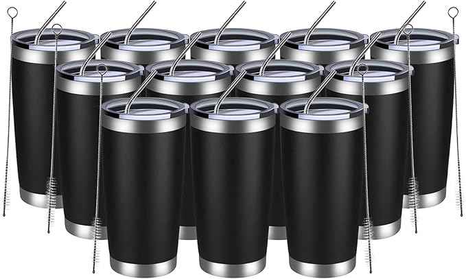 MEWAY 20oz Tumbler 12 Pack Double Wall Vacuum Insulated Travel Mug Bulk, Stainless Steel Tumblers with Lid and Straw, Durable Powder Coated Coffee Cups for Cold & Hot Drinks (Black, 12)