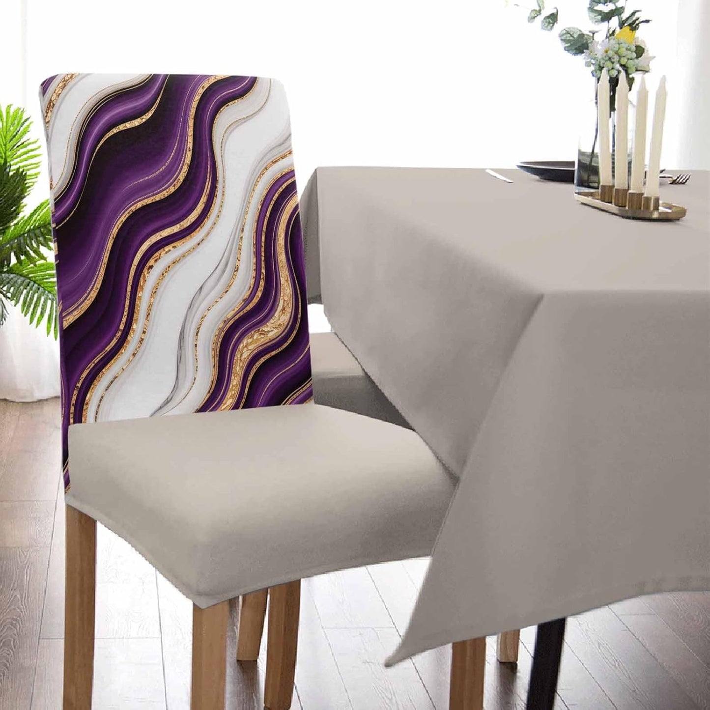 6 Pcs Dining Chair Covers Stretch Spandex Slipcovers Purple Marble Gold Inlay Removable Washable Dining Room Seat Cover Cushion Protector for Home Hotel Banquet Decor Abstract Geometric Stripes