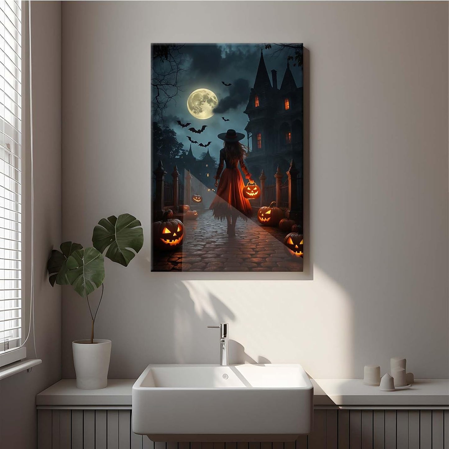 JFHCQJPK Halloween theme poster moonlit autumn night witch vintage poster art print dark college style gothic painting canvas wall decoration bedroom living room ideal gift16x24in Frameless