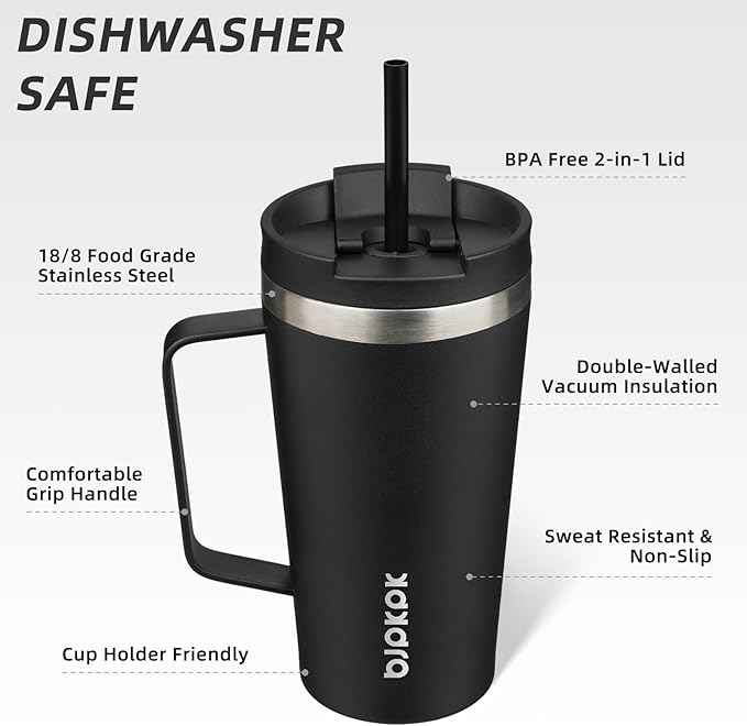 BJPKPK Insulated Tumbler with Handle, 18oz Insulated Tumblers with Lid and Straw, Stainless Steel Metal Water Bottles, Coffee Travel Mugs, Cups, Black