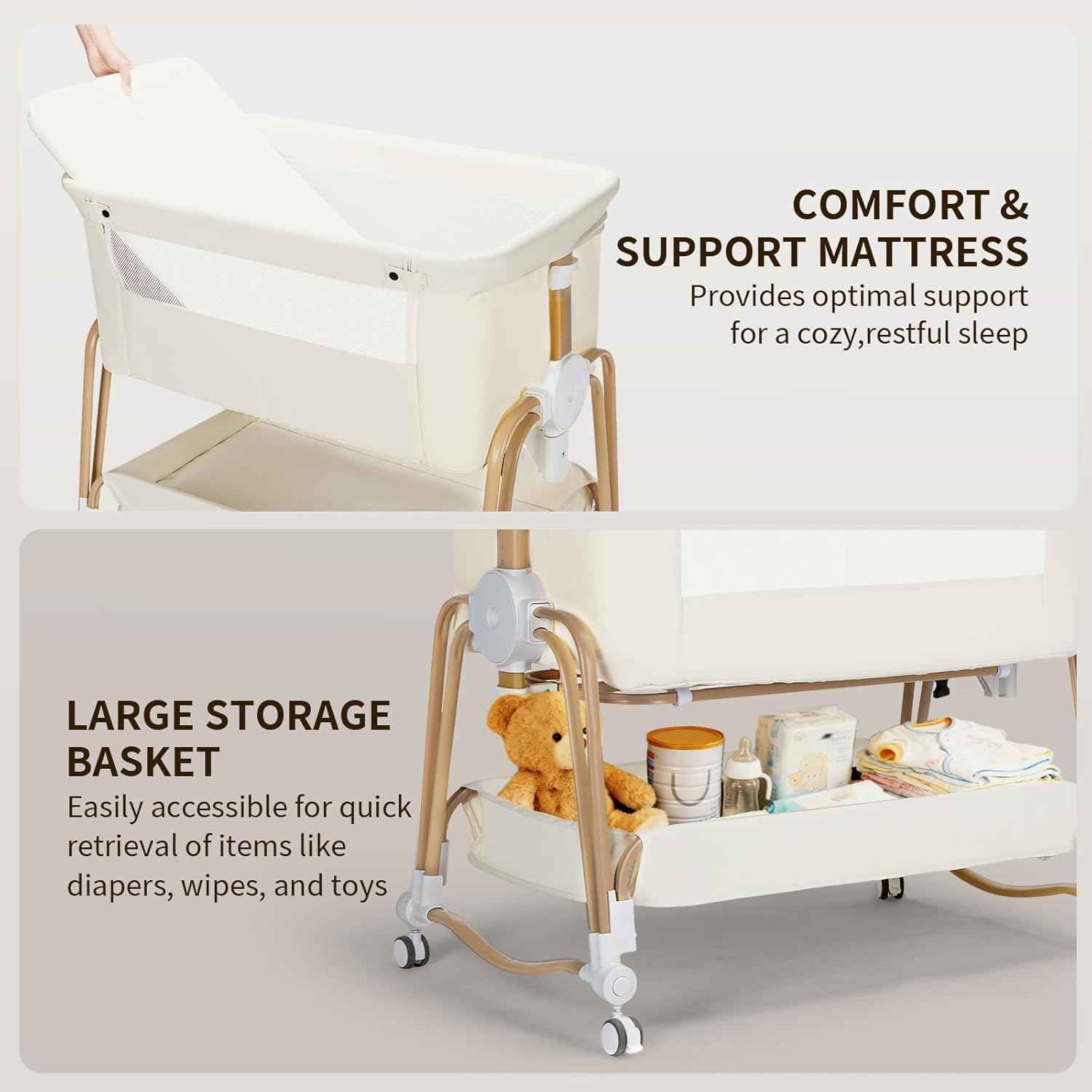 suihuooo 4-in-1 Baby Bassinet, Portable Bassinet Bedside Sleeper with Wheels and Storage Basket, 7 Height Adjustable Breathable Mesh Rocking Bassinet with Mosquito Net for Newborn-White