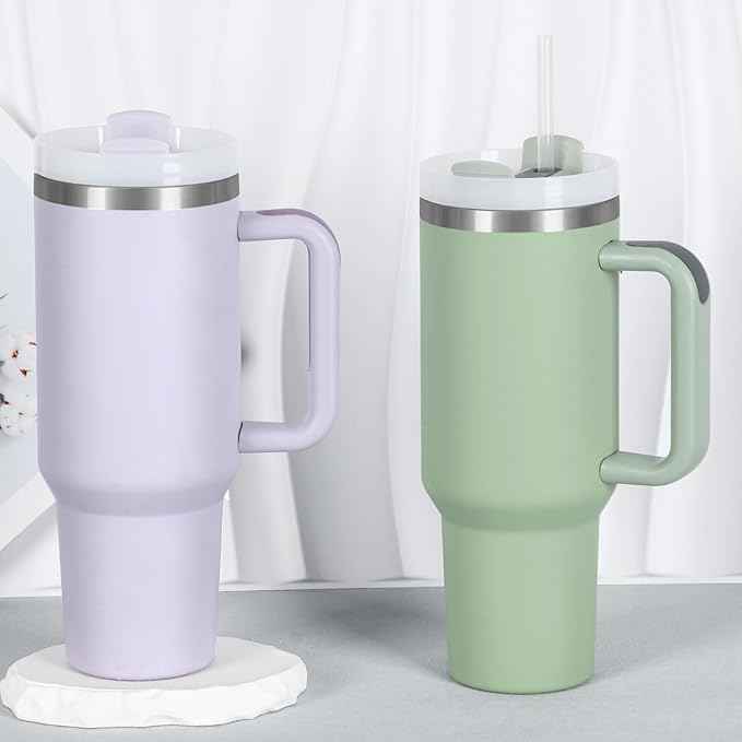4 Pack 40 Oz Tumbler with Handle Bulk, Double Wall Vacuum Insulated Stainless Steel Tumbler with Lid and Straw, 40 oz cup with Silicone Spill Proof Stopper Set (Cream,Purple,Dark Green,Rose Quartz)