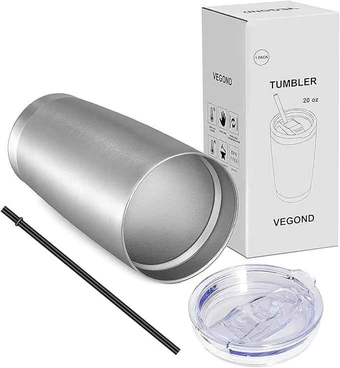 VEGOND 20oz Tumbler with Lid and Straw Stainless Steel Tumbler Cup Vacuum Insulated Double Wall Travel Coffee Mug Powder Coated Coffee Cup, Stainless, 1 Pack
