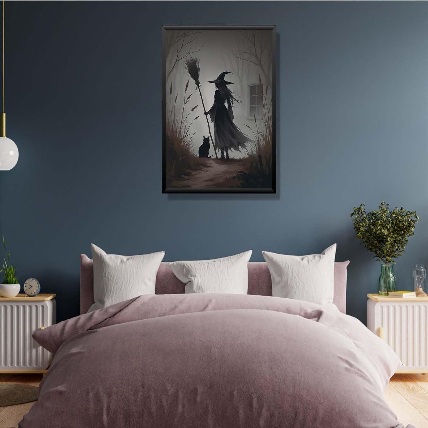 JFHCQJPK Vintage forest witch and black cat poster Halloween mural poster decoration mural art magic suitable for home living room bedroom12x16in Metal blackFramed