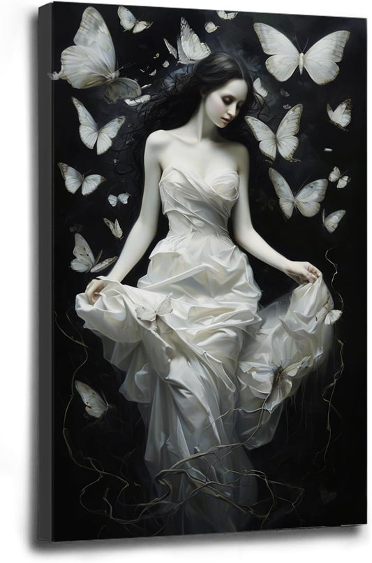Vintage Gothic Feminine Canvas Wall Art Print Butterfly Poster Moody Preppy Wall Art Dark College Decor for Home Bedroom16x24in Wood Framed