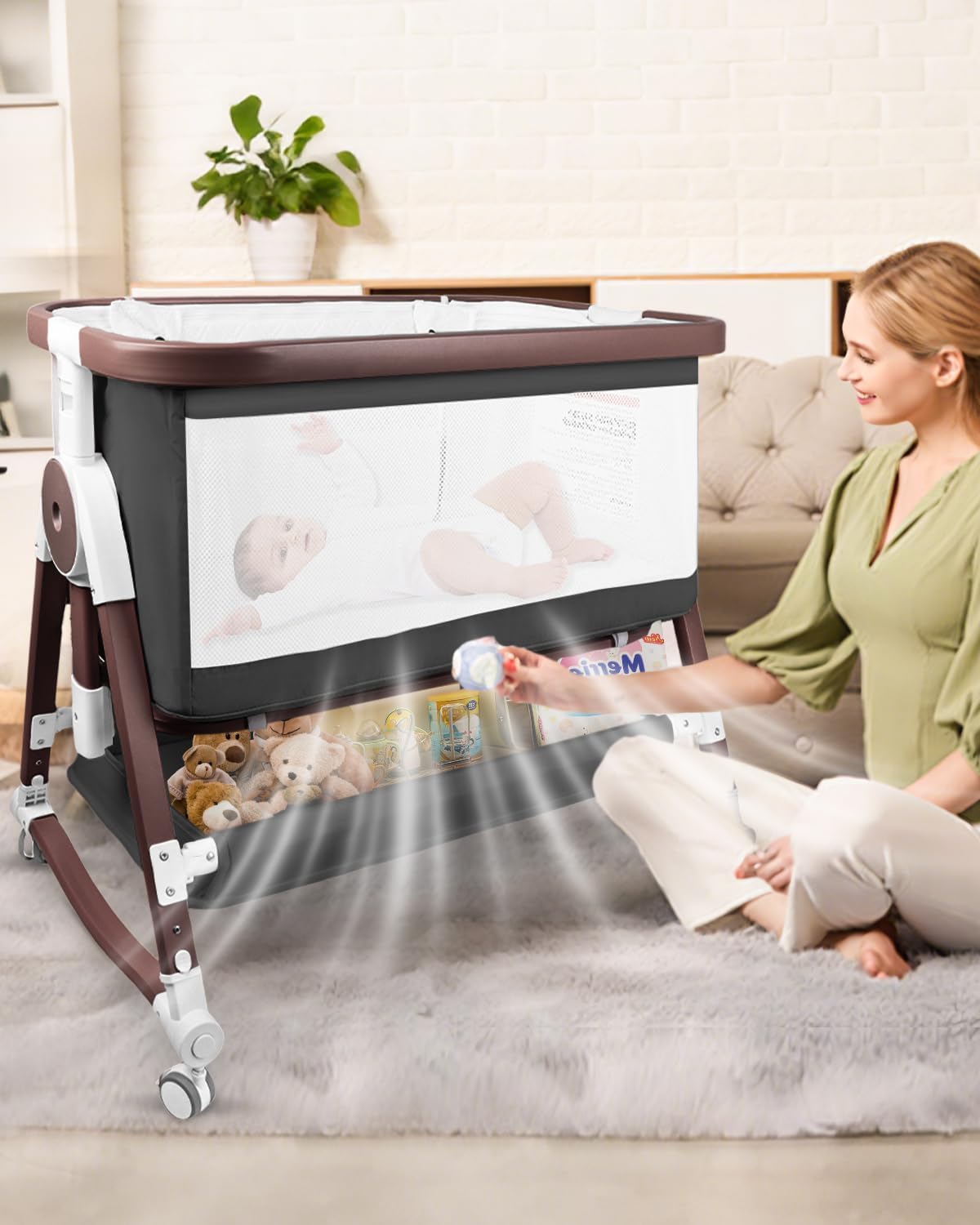 4 in 1 Baby Bassinet, Bassinets Bedside Sleeper with Wheels and Storage Basket, Adjustable 7 Heights Bedside Sleeper with Mosquito Net, Breathable Mesh Rocking Bassinet for Baby