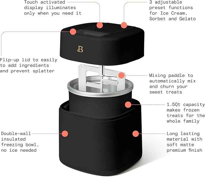 1.5 Quart Ice Cream Maker with Touch Control Panel, Freezer Bowl Design, Compact Electric Machine for Homemade Frozen Desserts, Gelato & Sorbet (Black Sesame)