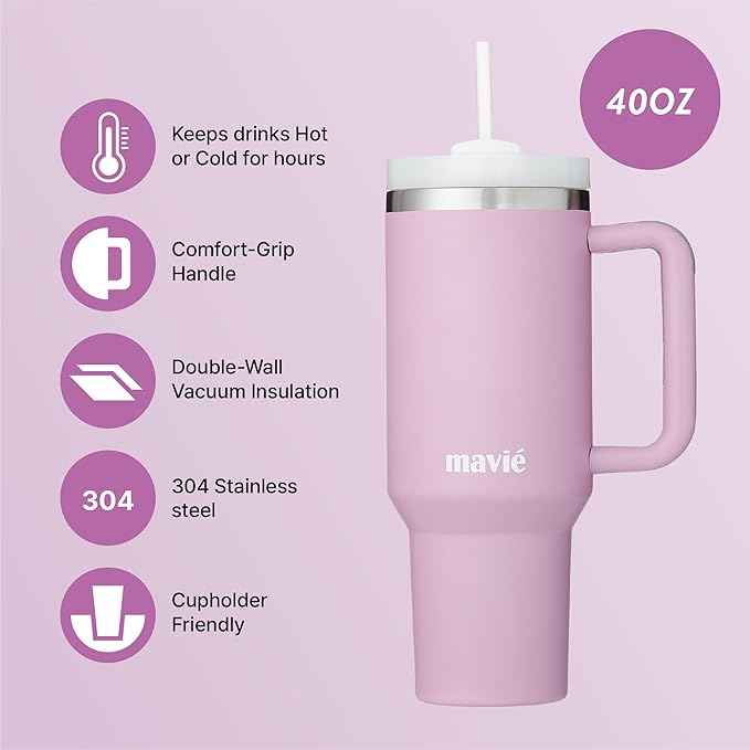 40oz Tumbler With Handle & Straw, Vacuum Insulated Stainless Steel Water Bottle With Leakproof Twist Sip Lid, Rubber Base, Dishwasher Safe, Cup Holder Friendly Travel Coffee Mug (Lilac)