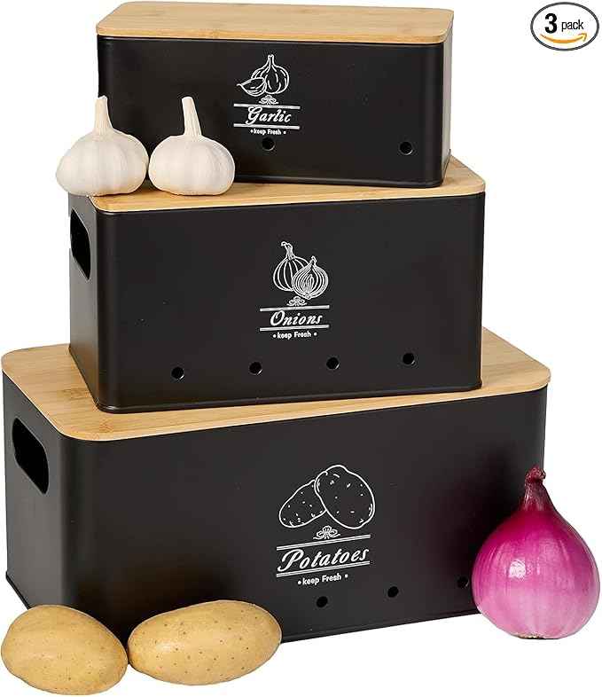 3 Pack Metal Vegetable Storage,Onion Storage,Potato Storage and Garlic Storage Set,Kitchen Vegetable Keeper,Stackable Pantry Organizers with Ventilation Holes and Bamboo Lids(BLACK)