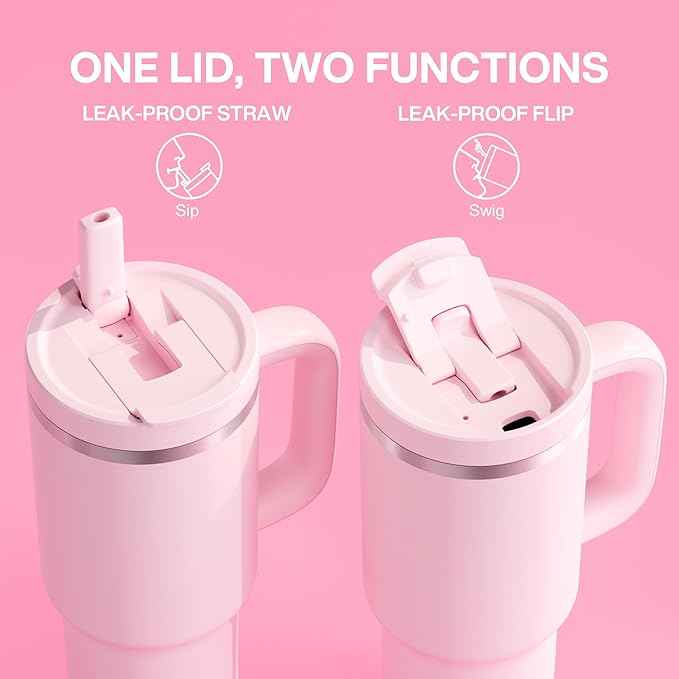 32 oz Tumbler with Handle and Straw: Stainless Steel Insulated Tumbler Keeps Cold for 24 Hours, Leakproof Travel Cup Fits in Cup Holder and BPA-Free, Cotton Candy