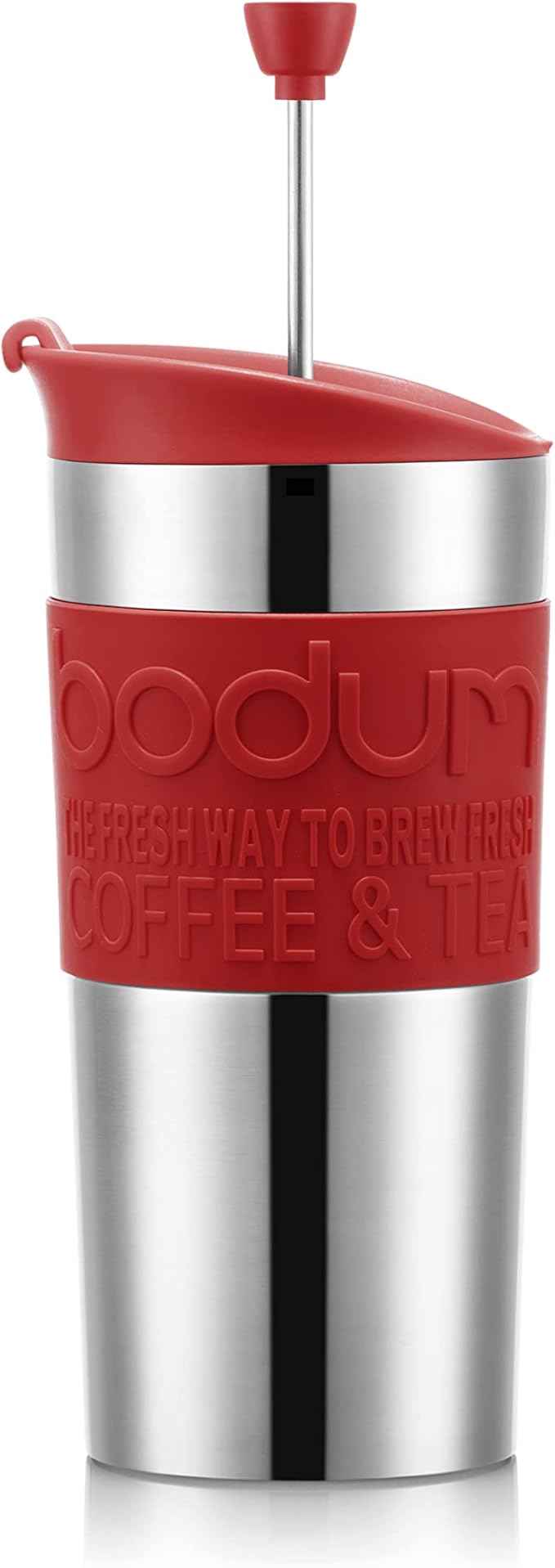 Bodum K11067-04 TRAVEL PRESS SET Vacuum Insulated Piston Mug, Double-Walled Stainless Steel, with Extra Lid, 0.35 L