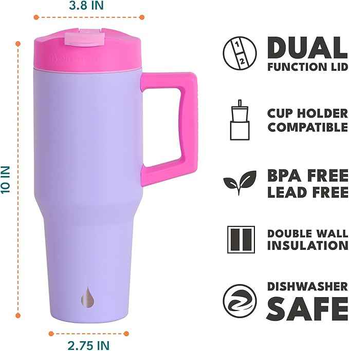 Elemental 32 oz 100% Leak Proof Tumbler with Handle & Straw - Stainless Steel Double Wall Insulated Tumbler for Hot and Cold Beverages - Travel Coffee Mug with Sip & Straw Lid - Lilac Tie Dye