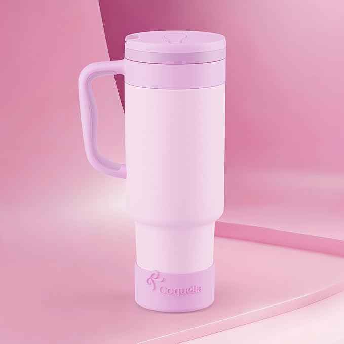 40 oz Insulated Tumbler with Handle and Push-Button Straw Lid, Stainless Steel Travel Cup for Gym Office, Leakproof, BPA-Free, Cup Holder Friendly, Bow Silicone Boot, Purple (Light Lilac)