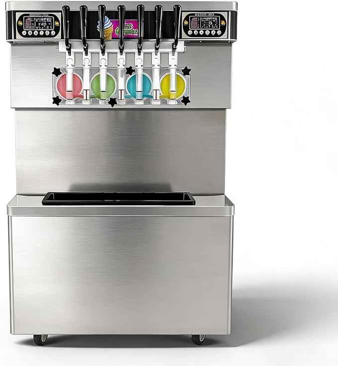 Commercial 7 Flavors Soft Serve Ice Cream Machine,17 Gal/H Yield Floor Stand Soft Ice Cream Maker,4+3 Mixed Frozen Yogurt Ice Cream Machine-Upper Tanks Refrigerated,For Restaurant Snack Bar