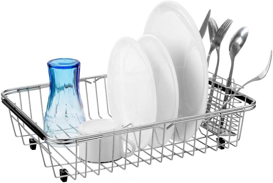 SANNO Dish Drying Rack with Stainless Steel Utensil Holder Large Dish Rack Drainer Drain Expandable Shelf Dish Rack in Sink or Over Sink or On Counter Rustproof Stainless Steel