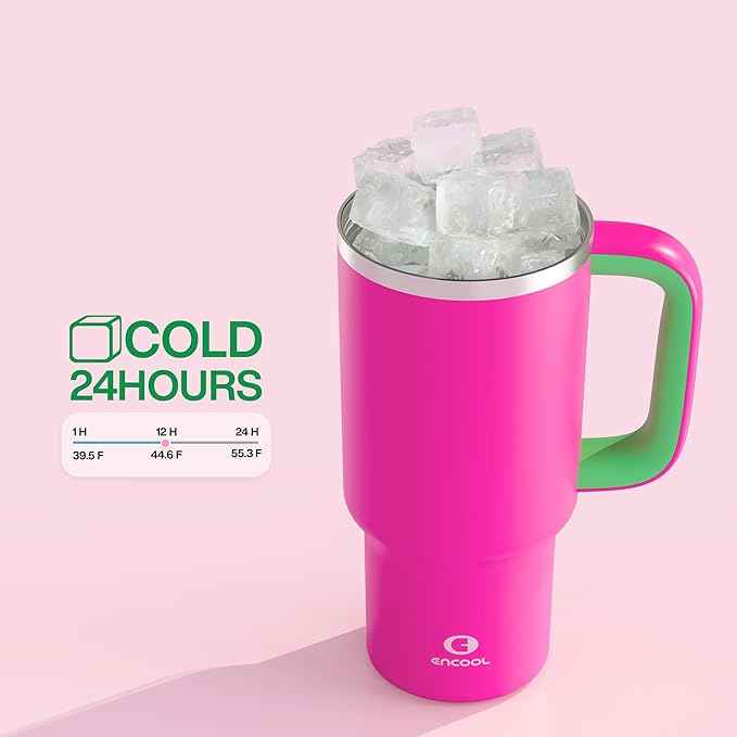 32 oz Tumbler with Handle and Straw: Stainless Steel Insulated Tumbler Keeps Cold for 24 Hours, Leakproof Travel Cup Fits in Cup Holder and BPA-Free,Knockout Pink