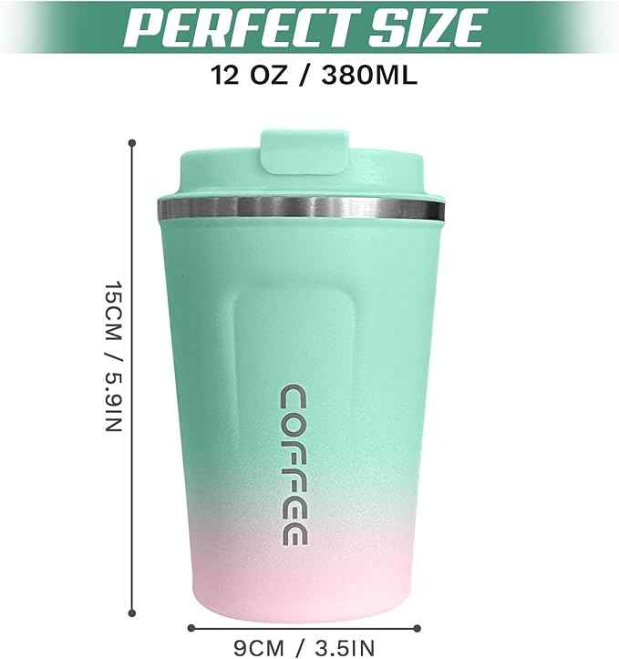 SPLMIFA Travel Coffee Mug Leak-Proof, Reusable Coffee Cups with Lids, Stainless Steel Vacuum Insulated Coffee Tumblers, Thermal Insulation Cup for Men and Women Hot & Cold Drinks(2nd-Green Pink, 12OZ)
