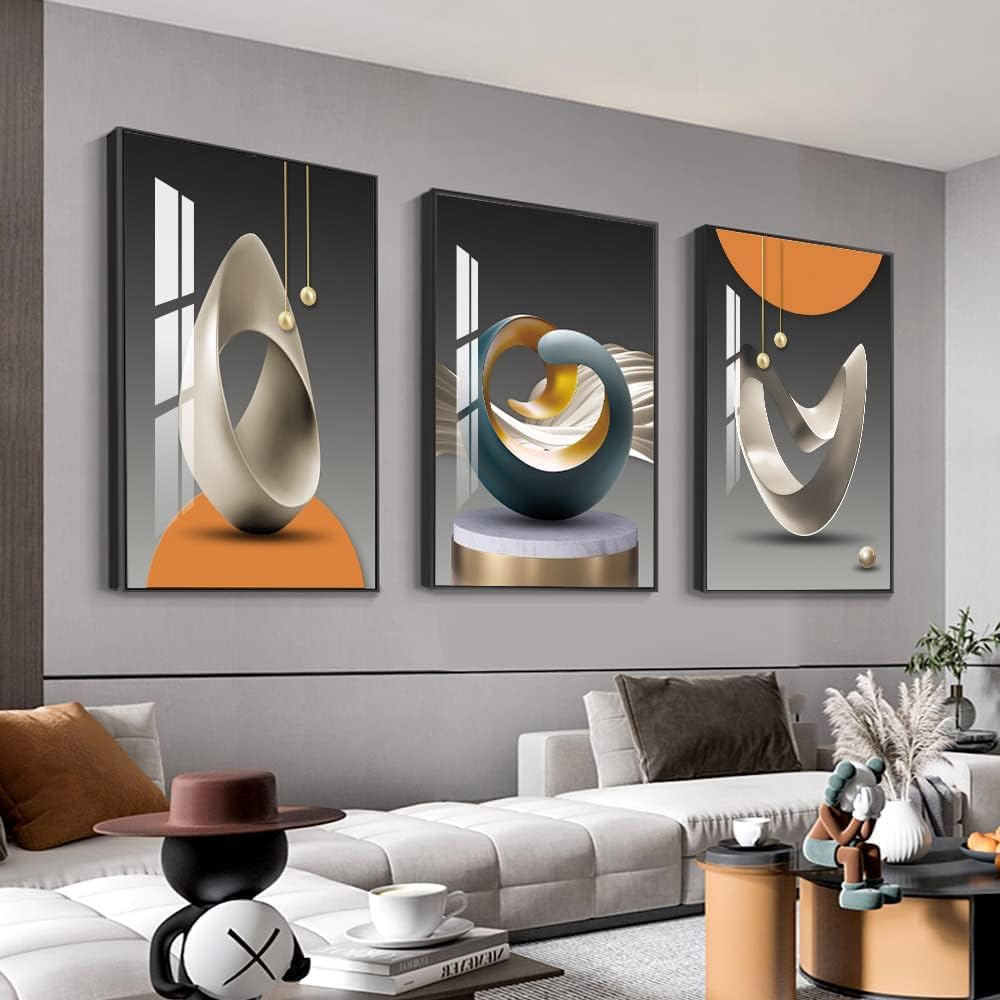 MPLONG Wall Art, Bright Style Framed Wall Art, Abstract Modern Art Shape Pattern White Blue Yellow Grey Wall Art Artfully Matching Living Room Bedroom Office Wall Decor - 16"x 24"x 3 Panels