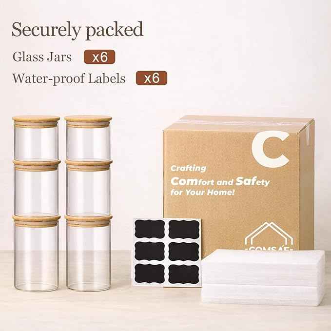 ComSaf Glass Storage Containers with Lids (0.6qt/1qt/1.5qt) Set of 6,Glass Pantry Storage Containers with Airtight Lid & lables for Dry Food, Snacks, Nuts, Stackable for Kitchen, Pantry Organization
