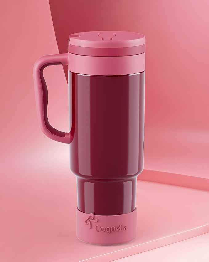 40 oz Insulated Tumbler with Handle and Push-Button Straw Lid, Stainless Steel Travel Cup for Gym Office, Leakproof, BPA-Free, Cup Holder Friendly, Bow Silicone Boot, Red (Wine Burgundy)