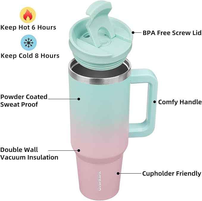 BJPKPK Tumbler With Handle And Straw 40oz Insulated Tumbler Cups With Lid Stainless Steel Travel Coffee Mug,Bubble Gum