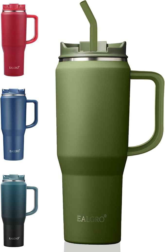 EALGRO 40 oz Tumbler with Handle, Insulated Tumblers with Lid and Straw, Large Metal Sports Water Bottle Jug, Thermal Stainless Steel Travel Coffee Mug Cup, Army Green