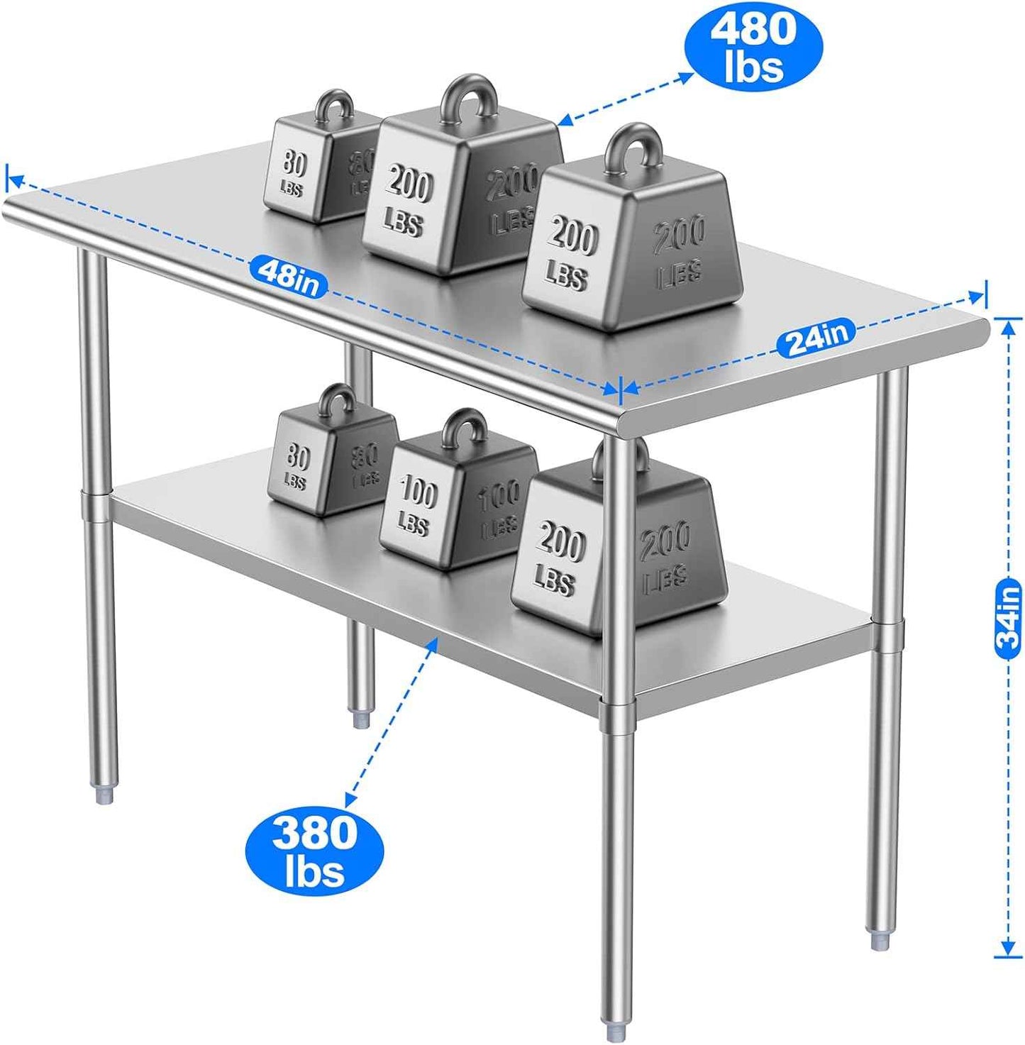 Stainless Steel Table for Prep & Work, 24x48 Inches, Metal Commercial Heavy Duty Table with Adjustable Under Shelf for Restaurant, Home and Hotel
