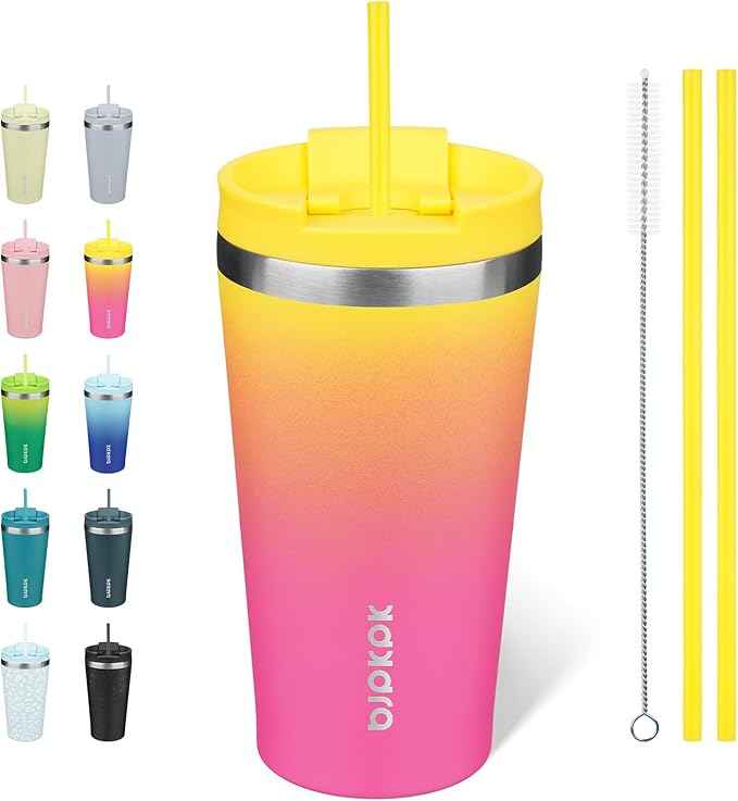 BJPKPK 18oz Stainless Steel Insulated Tumbler With lid And Straw Travel Coffee Thermal Tumblers Cup For Women And Men,Pink Yellow Rose