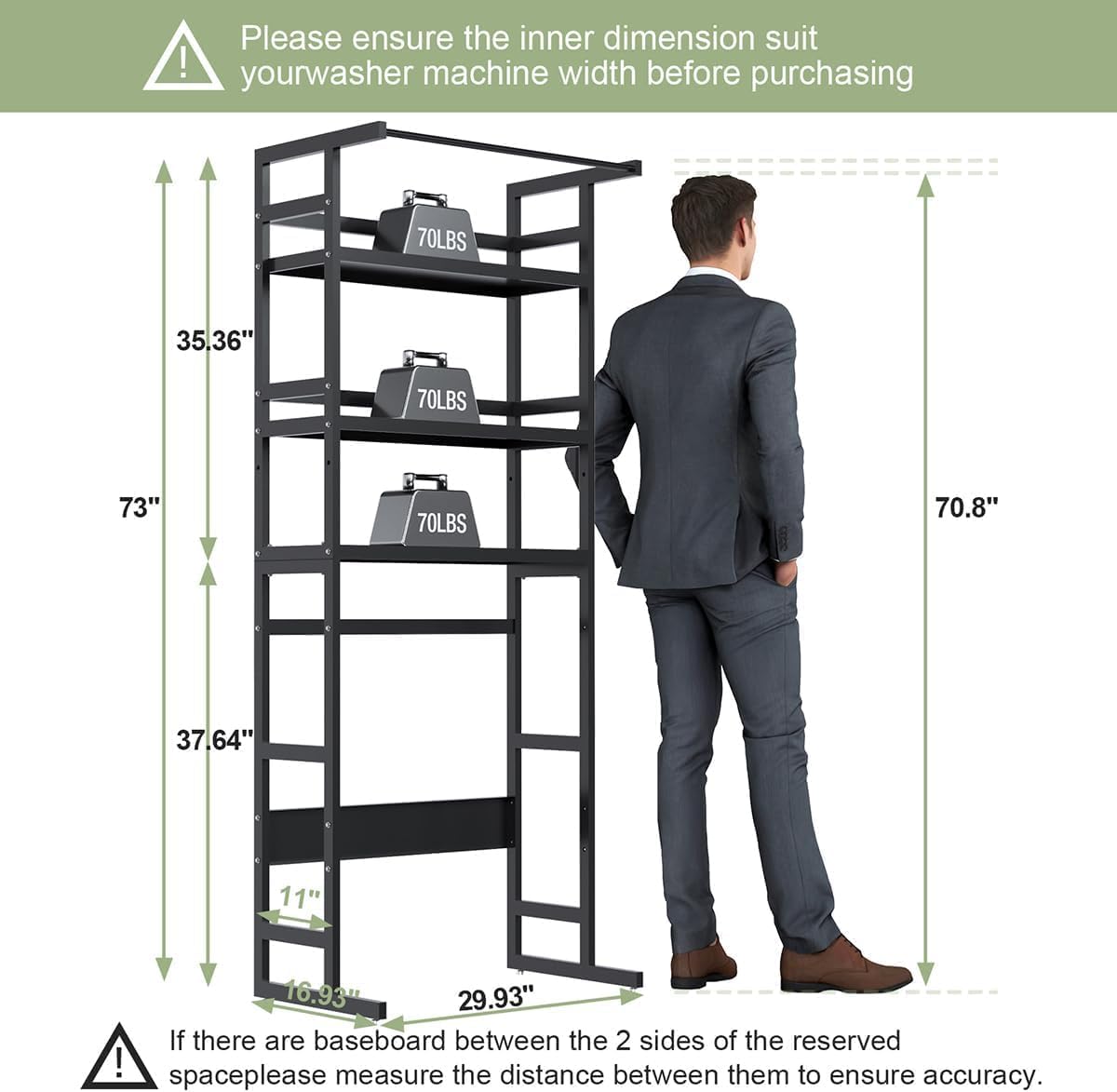 Dryer Storage Shel andf Over The Washer - Adjustable 4-Tier Heavy Duty Laundry Room Organizer, All Carbon Steel Standing Shelf with Hanging Rod, Anti-Tip Design, Super Stable 29.93" L x 11" D x 73" H