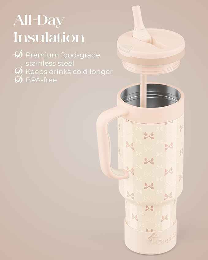 40 oz Insulated Tumbler with Handle and Push-Button Straw Lid, Stainless Steel Travel Cup for Gym Office, Leakproof, BPA-Free, Cup Holder Friendly, Bow Silicone Boot, Cream (Bow Cream)