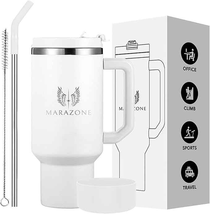 MARAZONE 40oz Stainless Steel Travel Tumbler Cup with Handle, Three-Position Lid, Straw with Silicone Tip, Vacuum Insulated Water Bottle for Hot & Cold Drinks, Great Gifts for Mom, White Dove