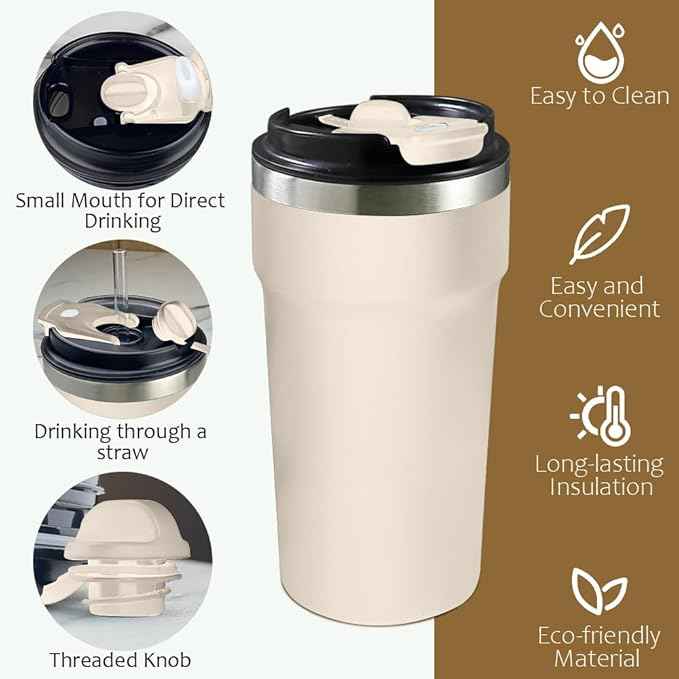SPLMIFA Travel Coffee Mugs Leak-Proof, Reusable Coffee Cups with Lids, Stainless Steel Vacuum Insulated Coffee Tumblers, Thermal Insulation Cups for Men and Women Hot & Cold Drinks(4th-White, 16OZ)