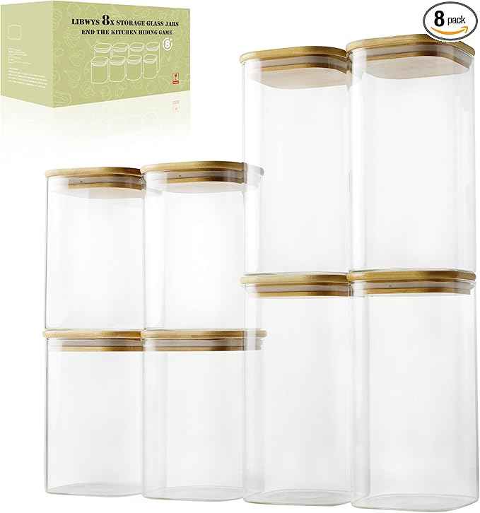 LIBWYS 8-Pack Glass Pantry Storage Containers with Bamboo Lids (1.22Qt/1.67Qt) - Stackable Square Food Jars for Pantry Organization, Coffee, Flour, Snacks, Tea | Kitchen Canisters Set