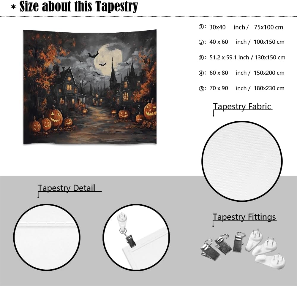 Spooky Halloween Tapestry Haunted Home Bats Pumpkin Tapestry Wall Hanging Dark Academia Fall Full Moon Decor Gothic Ghost Tapestries for bedroom Living Room Decoration 60x80inch