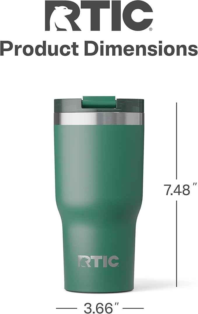 RTIC 20oz Essential Tumbler with Lid, Ceramic Lined, Insulated, Stainless Steel, Metal, Double Wall Vacuum-Insulation, Travel Cup for Iced Coffee, Tea, Hot and Cold Drink, Pine Tree