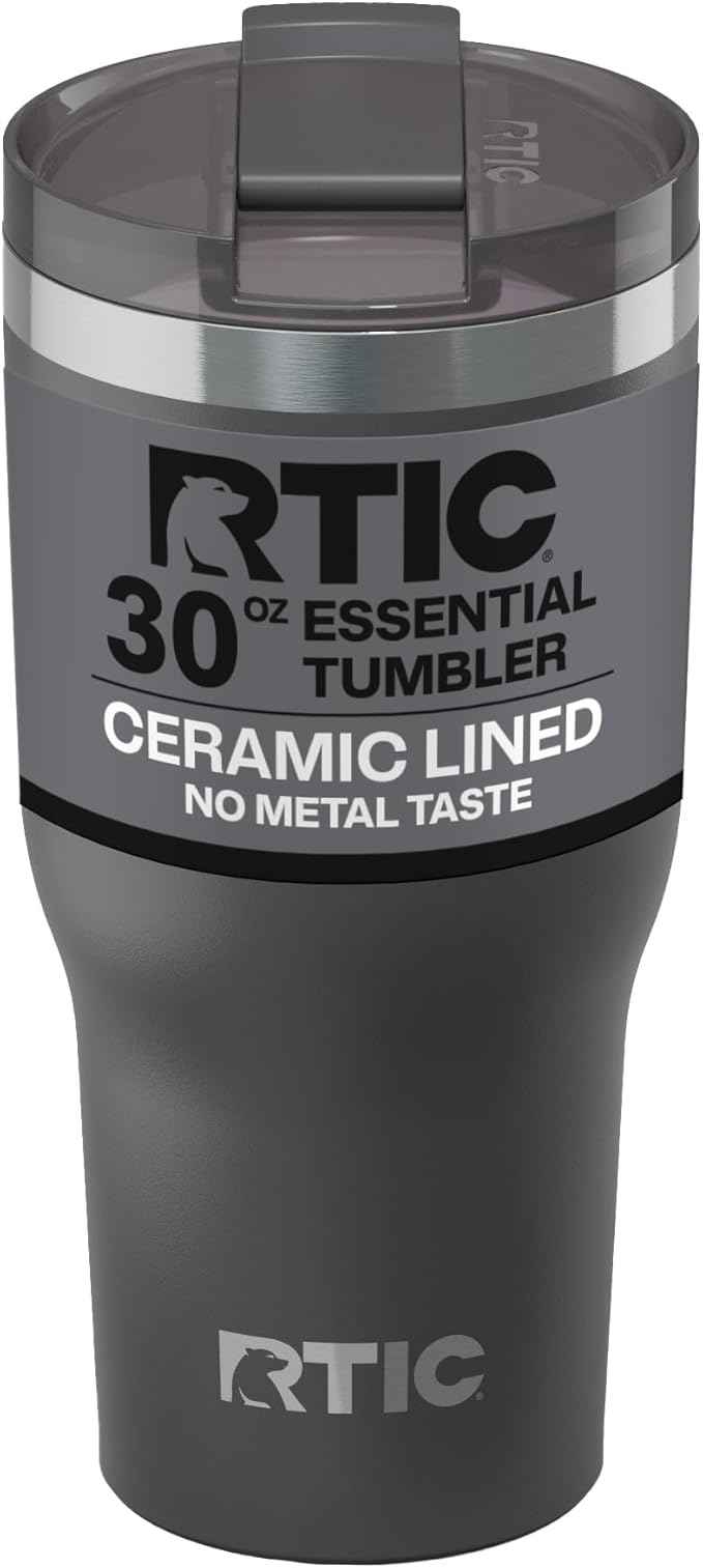 RTIC 30oz Essential Tumbler with Lid, Ceramic Lined, Insulated, Stainless Steel, Metal, Double Wall Vacuum-Insulation, Travel Cup for Iced Coffee, Tea, Hot and Cold Drink, Graphite