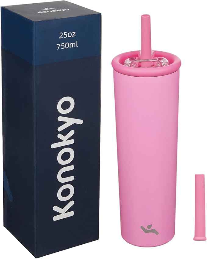 Konokyo 25oz Insulated Tumbler with Lid and Straw, Reusable Iced Coffee Cup with Lid, Travel Coffee Mug, BPA-Free, Leak-Proof and Durable, Rose Red