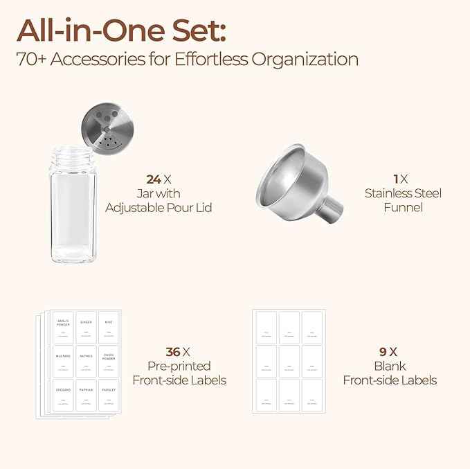 ComSaf Spice Jars with Shaker lids Adjustable, 4oz 24PCS，45 Labels, Comdiment Jars Set, Empty Spice Containers and Square Ingredient Bottles for Kitchen and Seasoning, Bulk Salt and Pepper Shaker Set