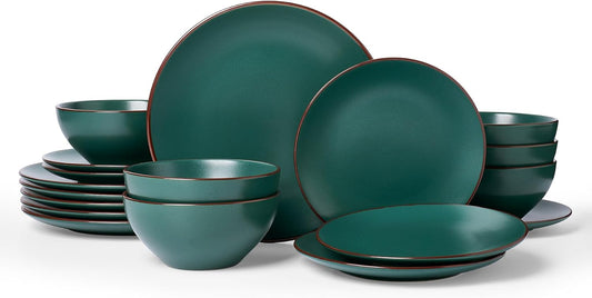 Famiware Venus Plates and Bowls Sets, 18 Pieces Stoneware Dinnerware Sets, Speckled Dishes Set for 6, Microwave and Dishwasher Safe, Matte Dark Green